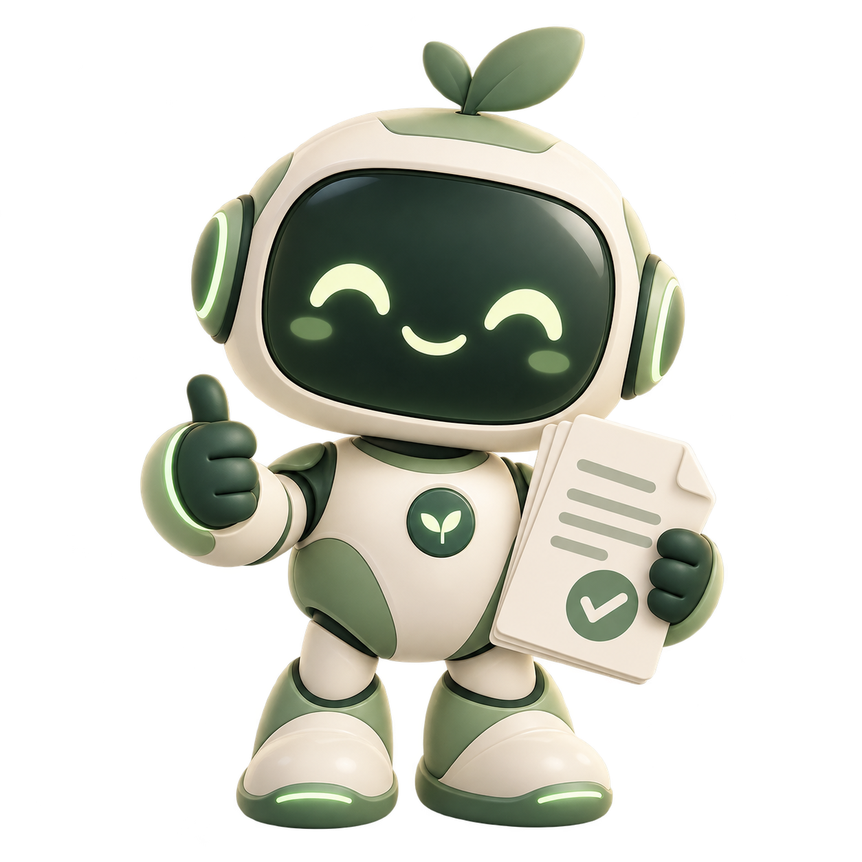 Skattekompisen, en glad grön robot med en liten grodd på huvudet